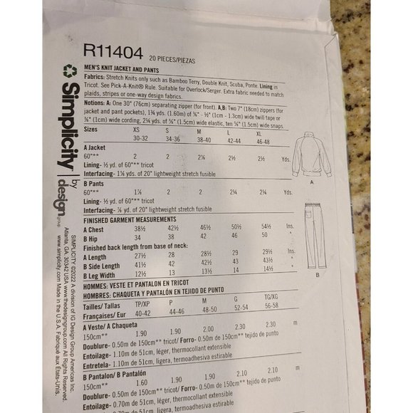 Simplicity R11404 Pattern Men XS S M L  Knit Zip Jacket & Pants Side Leg Snaps - Picture 10 of 12